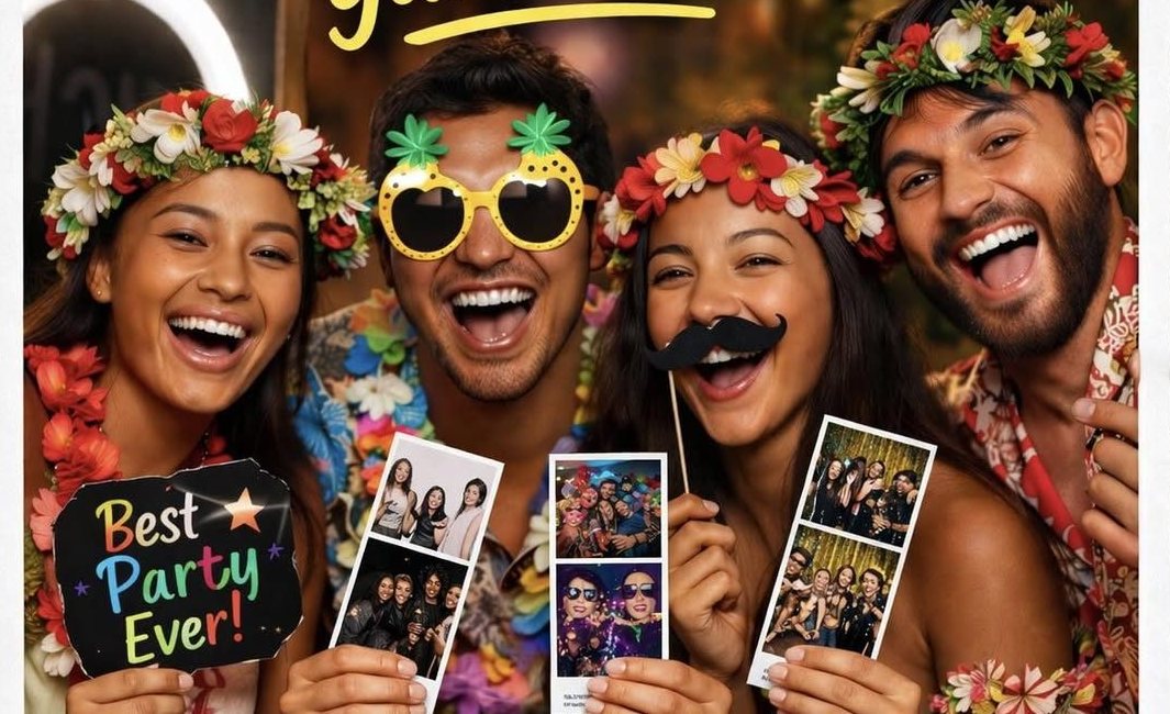 Groupe d'amis hilares avec couronnes de fleurs et accessoires